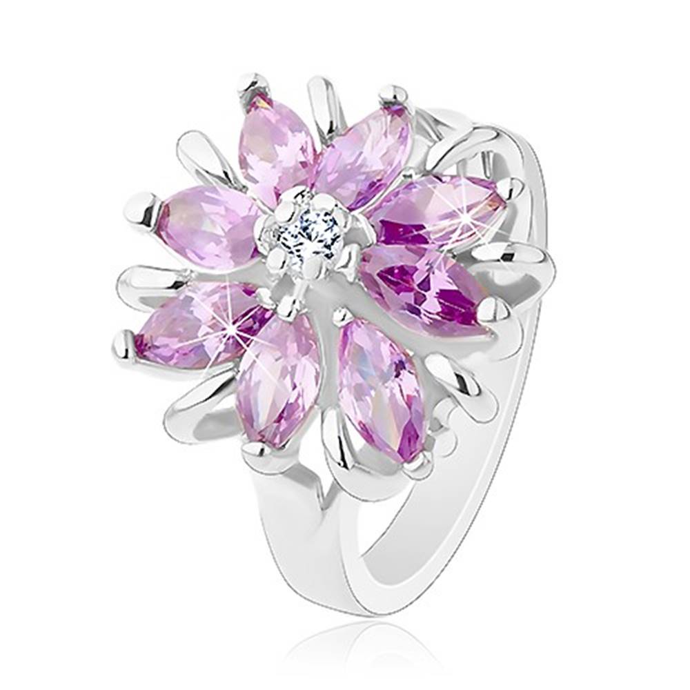 Šperky eshop Lesklý prsteň, strieborný odtieň, ligotavý kvet z farebných zrniečkových zirkónov - Veľkosť: 49 mm, Farba: Ružová