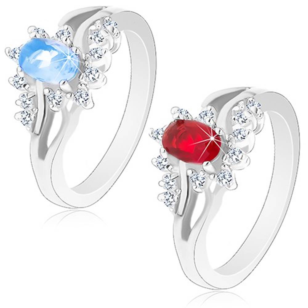 Šperky eshop Lesklý prsteň v striebornom odtieni s rozdvojenými ramenami, brúsené zirkóny - Veľkosť: 52 mm, Farba: Červená