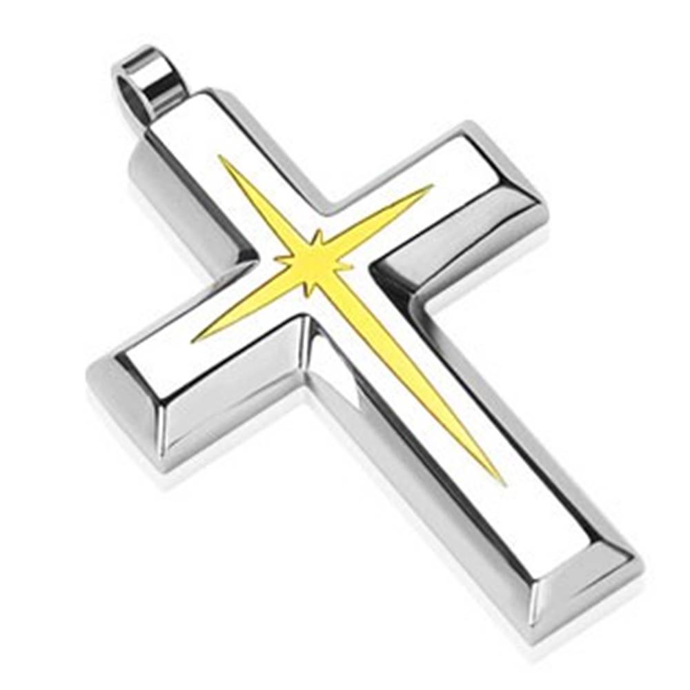 Šperky eshop Oceľový prívesok - kríž s vnútorným menším krížikom zlatej farby