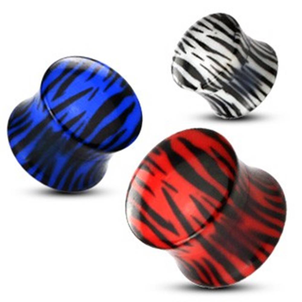 Šperky eshop Sedlový plug do ucha z akrylu, tigrovaný vzor - Hrúbka: 10 mm, Farba: Červená