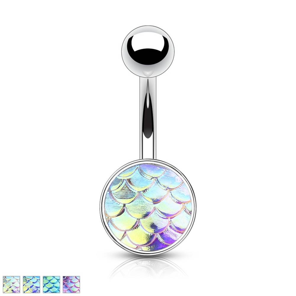 Šperky eshop Oceľový piercing do bruška - 3D rybie šupiny s dúhovým efektom - Farba piercing: Dúhová