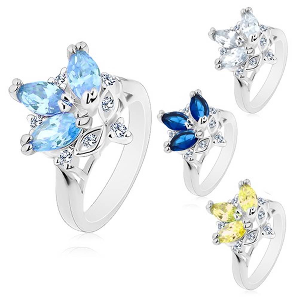 Šperky eshop Prsteň s lesklými zúženými ramenami, farebné brúsené zrnká, číre zirkóny - Veľkosť: 49 mm, Farba: Modrá