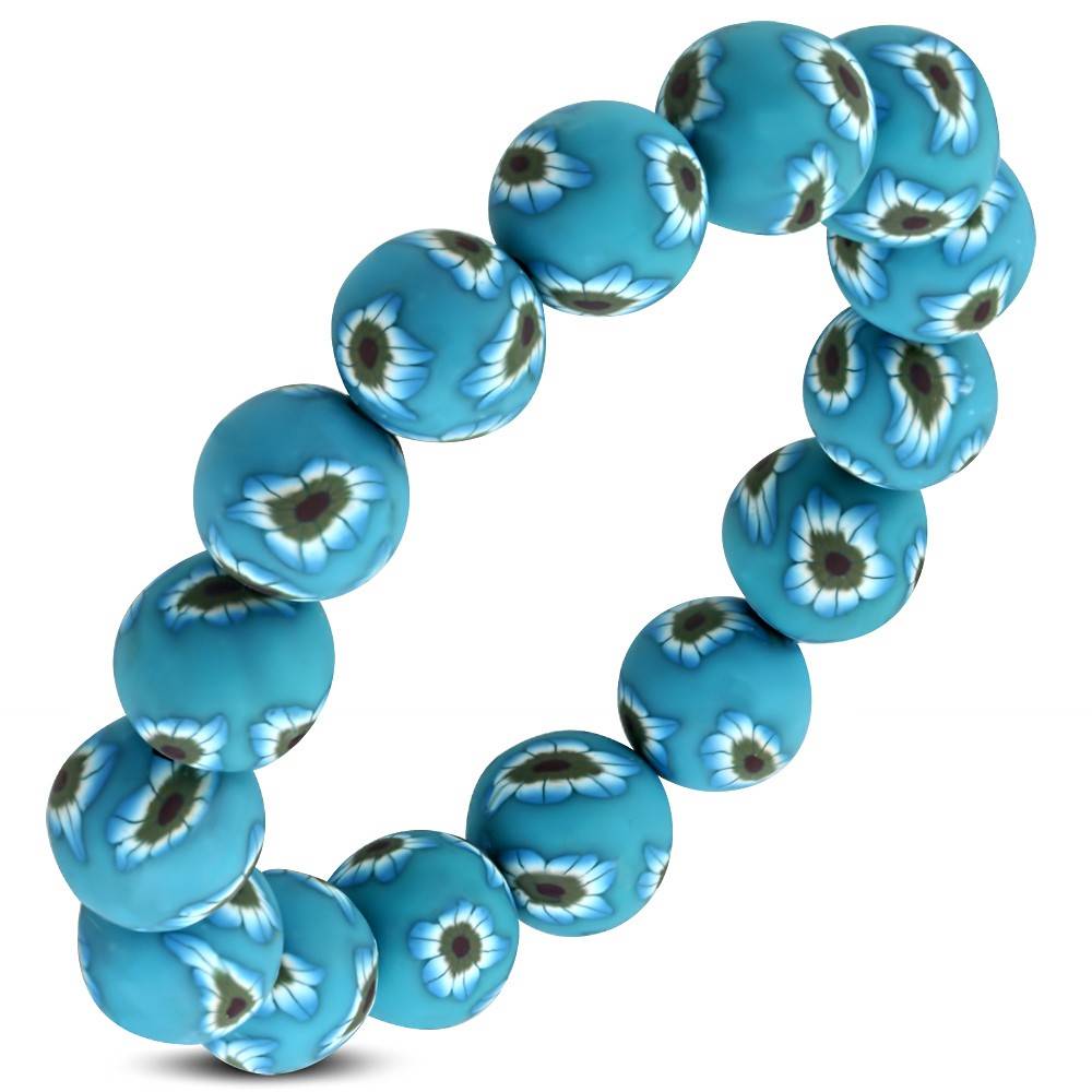 Šperky eshop Pružný FIMO náramok, modré korálky s kvetmi na gumičke