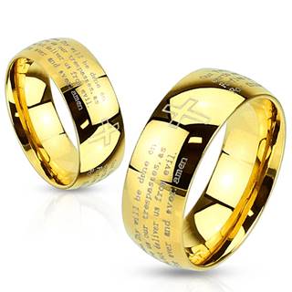 Prsteň z ocele zlatej farby - modlitba Otčenáš a krížik, 8 mm - Veľkosť: 59 mm