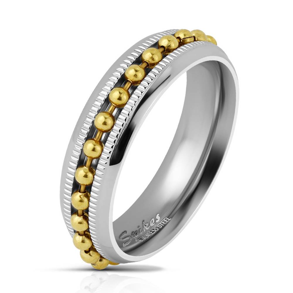 Šperky eshop Obrúčka z ocele v striebornej farbe - lesklé guličky v zlatom odtieni, 6 mm - Veľkosť: 49 mm