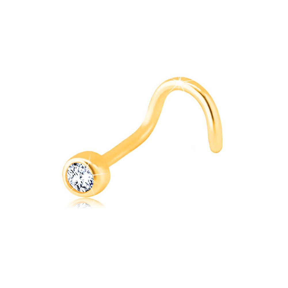 Šperky eshop Zlatý 585 zahnutý piercing do nosa - číry ligotavý zirkón v objímke